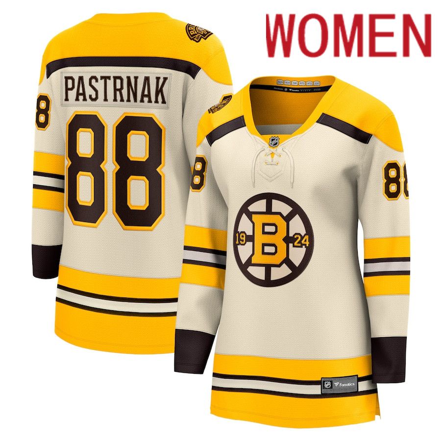 Women Boston Bruins 88 David Pastrnak Fanatics Branded Cream 100th Anniversary Premier Breakaway Player NHL Jersey